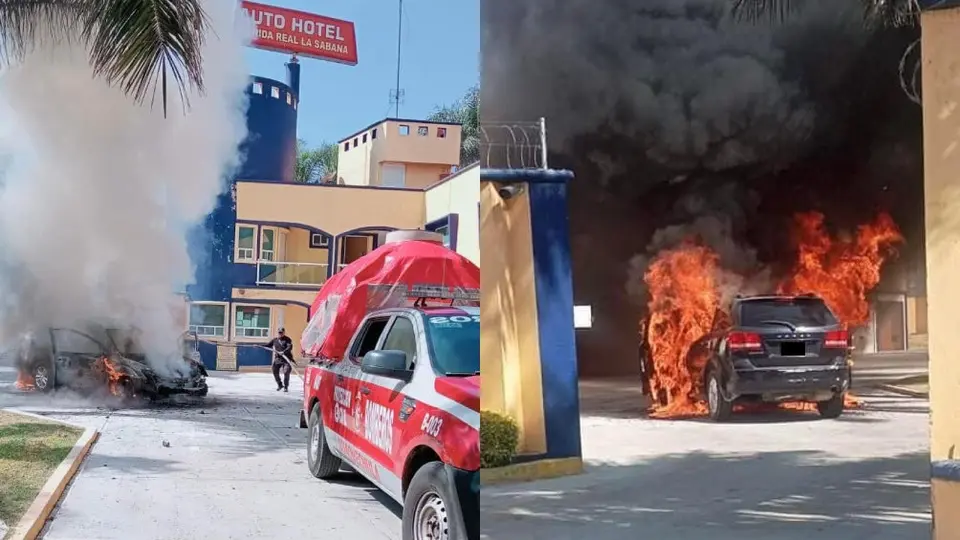 ¡San Valentín está que arde! Se incendia camioneta en entrada de motel: VIDEO