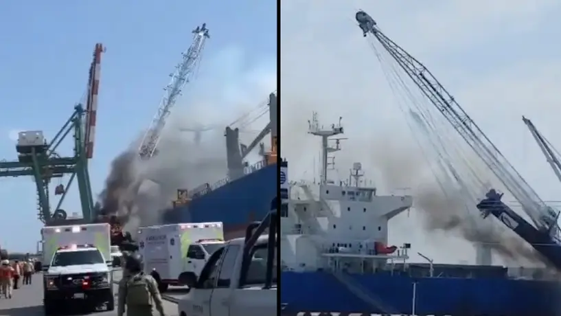 Grúa se derrumba sobre un buque tras un incendio VIDEO