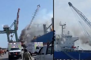 Grúa se derrumba sobre un buque tras un incendio VIDEO