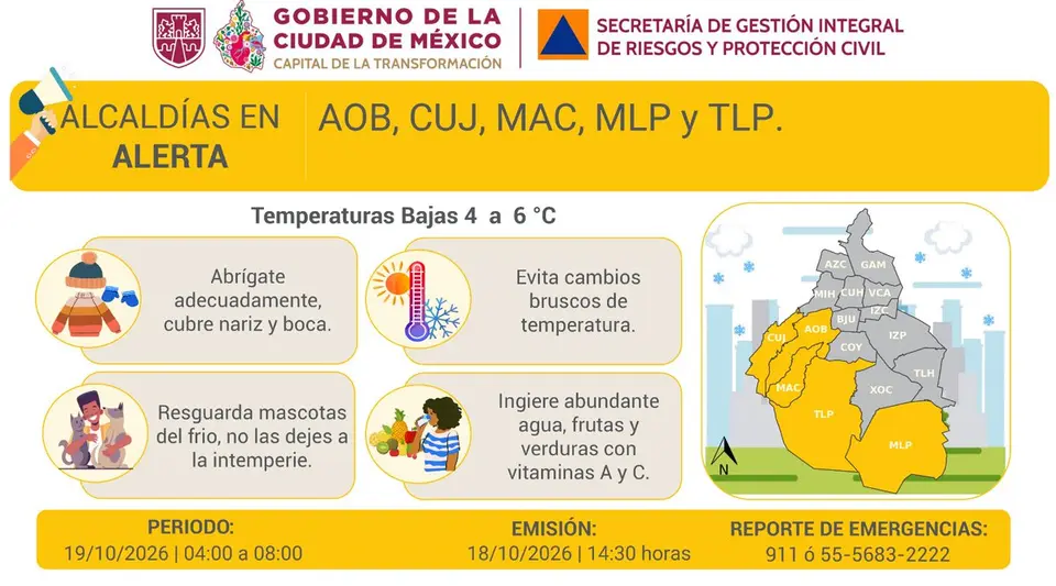 Protección Civil activó la Alerta Amarilla en seis alcaldías de CDMX ante el descenso de temperatura durante la madrugada./ X: @SGIRPC_CDMX