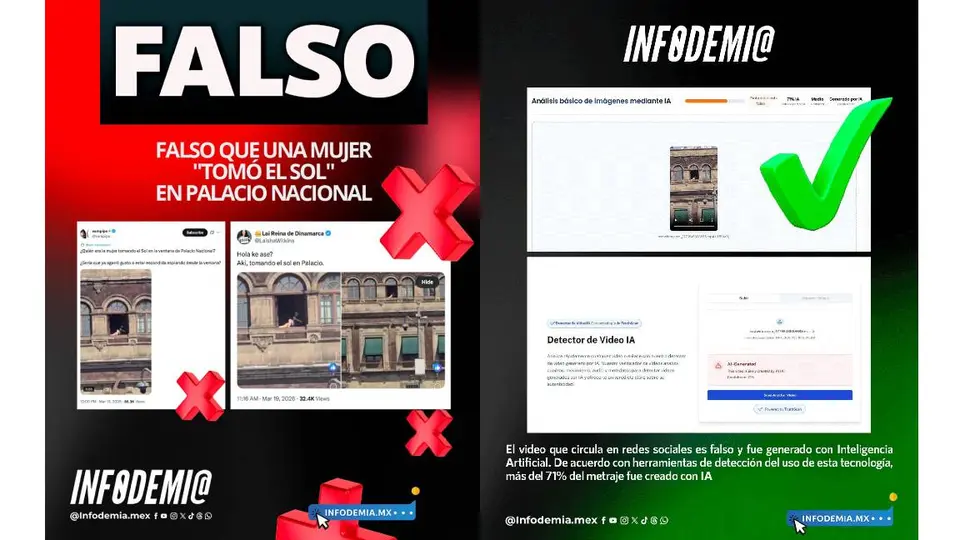 Infodemia MX sostiene que el video no es real y se hizo con IA/X: @@infodemiaMex
