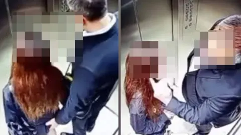 Cámaras de seguridad captaron el momento en que un hombre realiza presuntos tocamientos indebidos a una joven dentro del edificio. / RS