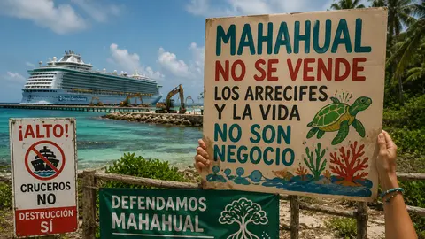 Organizaciones ambientales alertan sobre posibles daños a la fauna marina de Mahahual por el megaproyecto turístico impulsado por Royal Caribbean./ IA