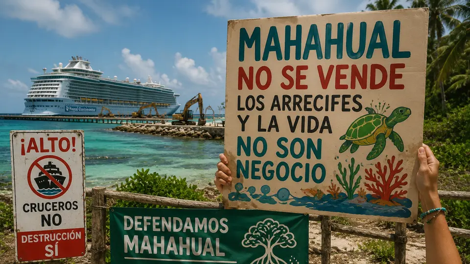 Organizaciones ambientales alertan sobre posibles daños a la fauna marina de Mahahual por el megaproyecto turístico impulsado por Royal Caribbean./ IA