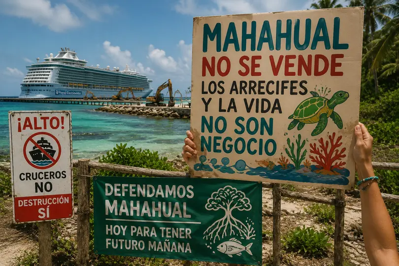 Organizaciones ambientales alertan sobre posibles daños a la fauna marina de Mahahual por el megaproyecto turístico impulsado por Royal Caribbean./ IA