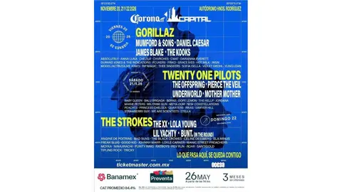 El Corona Capital 2026 confirmó a The Strokes, Gorillaz y Twenty One Pilots como parte de su lineup oficial./ Ocesa