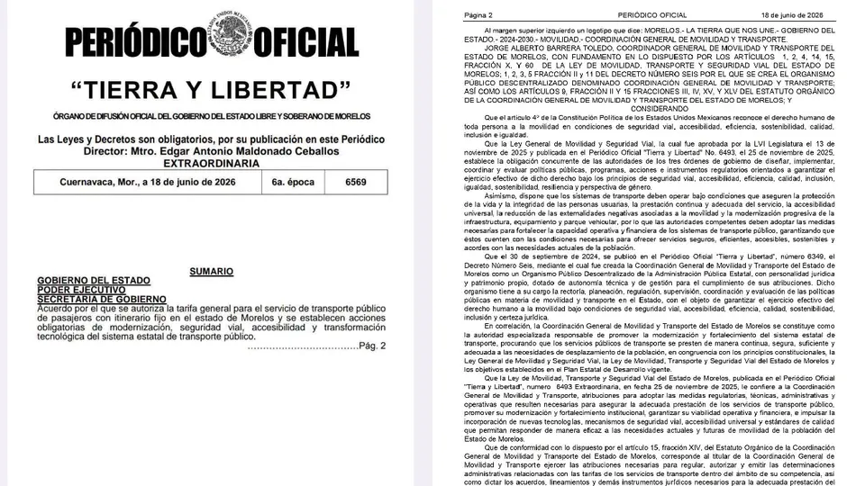La tarifa ya es oficial al aparecer en el Periódico Oficial del Estado de Morelos "Tierra y Libertad" / Especial