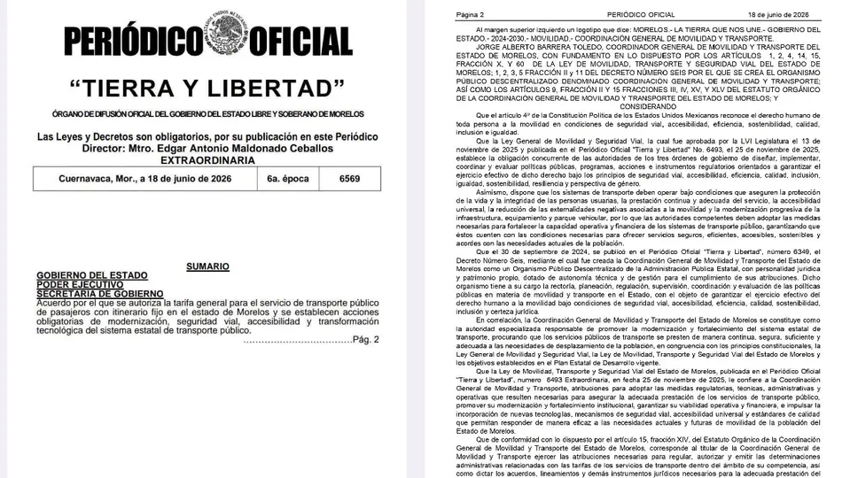 La tarifa ya es oficial al aparecer en el Periódico Oficial del Estado de Morelos "Tierra y Libertad" / Especial