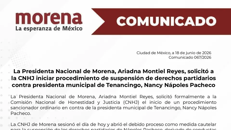 Comunicado de Morena ante el proceso de sanción y suspende a Nancy Nápoles / @PartidoMorenaMx