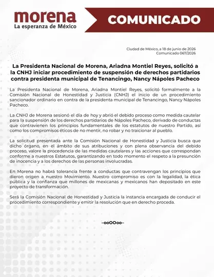 Comunicado de Morena ante el proceso de sanción y suspende a Nancy Nápoles / @PartidoMorenaMx