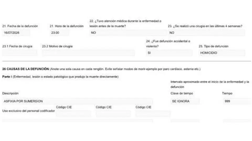 El certificado de defunción difundido por la madre de la adolescente clasifica el fallecimiento como homicidio y señala como causa "asfixia por sumersión"./ FB: Alejandra Quintozz