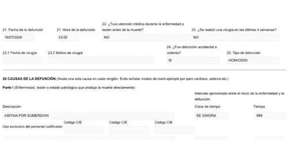 El certificado de defunción difundido por la madre de la adolescente clasifica el fallecimiento como homicidio y señala como causa "asfixia por sumersión"./ FB: Alejandra Quintozz
