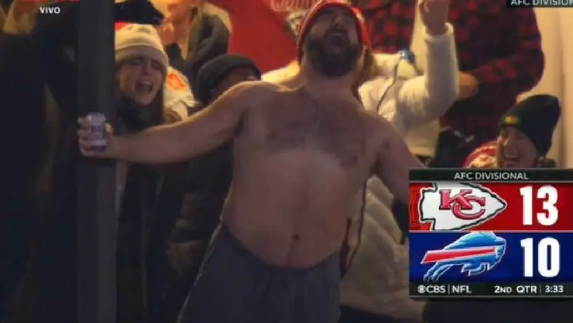 Celebración de Jason Kelce en el Chiefs vs Bills divirtió a Taylor Swift; a su esposa no tanto