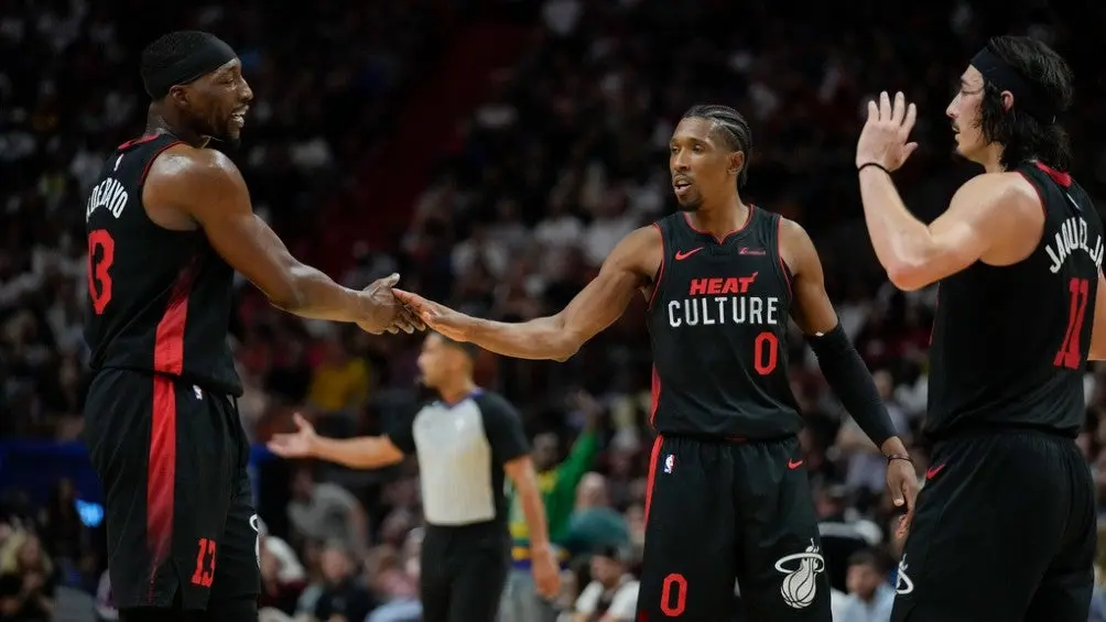 Jaime Jáquez Jr. celebra con el Heat | AP