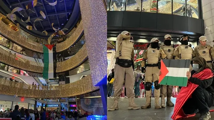 Protestan con bandera gigante de Palestina dentro de lujoso centro comercial de México