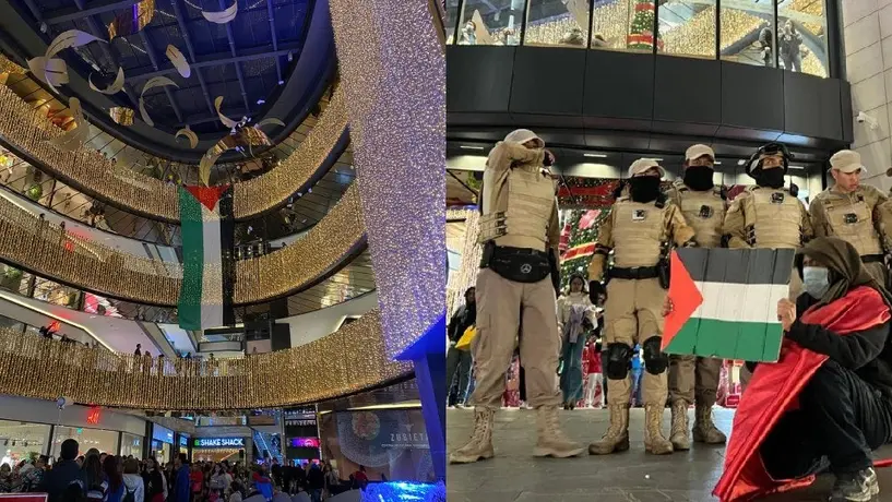 Protestan con bandera gigante de Palestina dentro de lujoso centro comercial de México