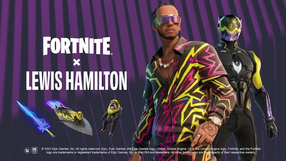 Lewis Hamilton llega a Fortnite con una grandiosa skin que incluye su mascota