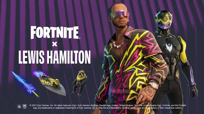 Lewis Hamilton llega a Fortnite con una grandiosa skin que incluye su mascota