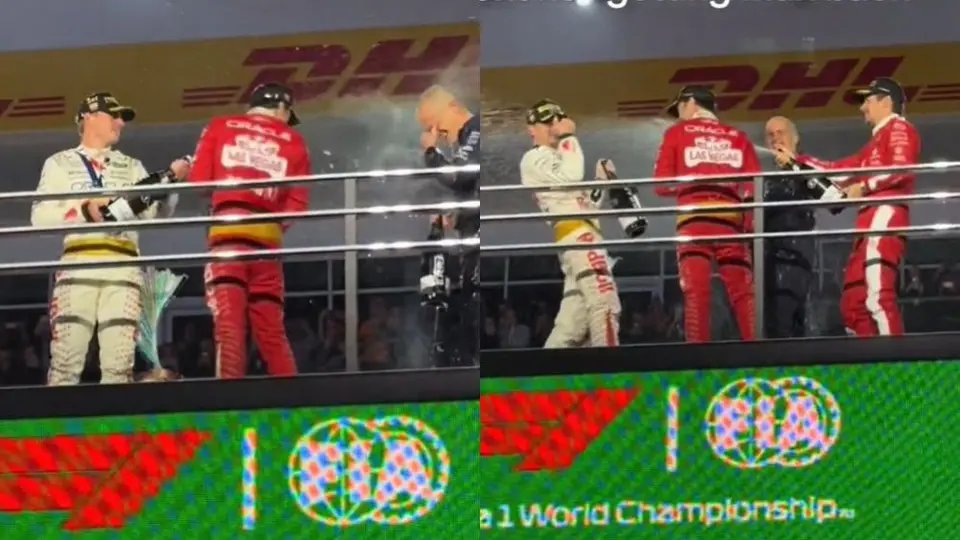 ¡Por llevado! Leclerc 'venga' a Checo en podio de Las Vegas y rocía de champaña a Verstappen