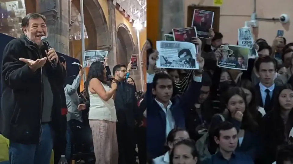 VIDEO / Le gritan "¡Fuera!" a Noroña en la Universidad de Guanajuato; acusa “porros y reventadores”