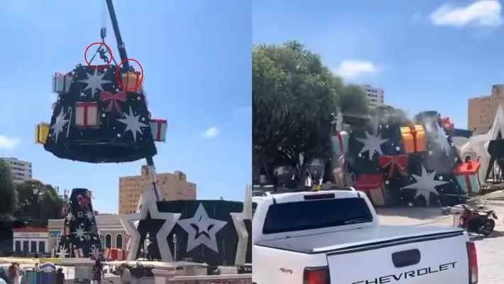 VIDEO / Colapsa árbol de Navidad: un muerto y un herido durante su instalación