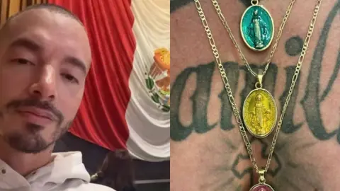 J Balvin se rinde ante la Virgen de Guadalupe y visita la Basílica con medallitas en el pecho