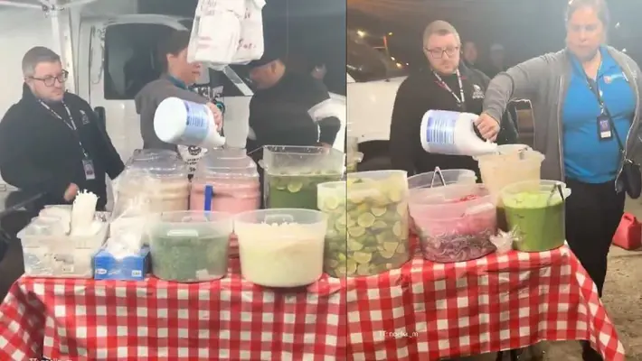 VIDEO: Inspectora en Denver echa cloro a comida en puesto de tacos atendido por mexicanos