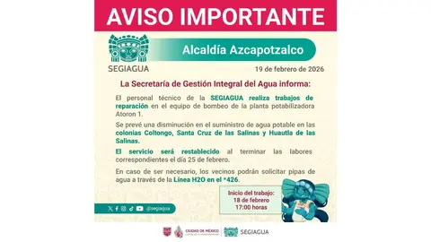 La diminución de agua únicamente será en tres colonias de la alcaldía Azcapotzalco/X: @SEGIAGUA