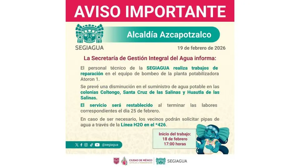 La diminución de agua únicamente será en tres colonias de la alcaldía Azcapotzalco/X: @SEGIAGUA