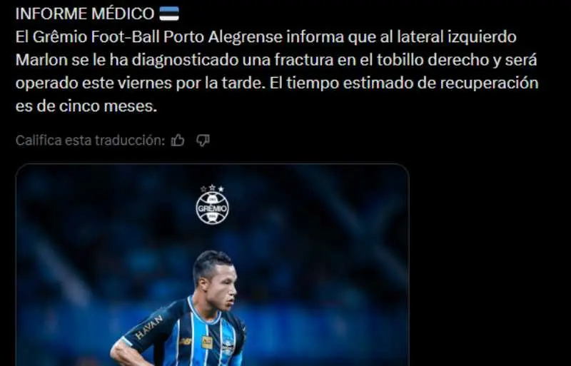 Gremio informó sobre la lesión de Marlon | CAPTURA