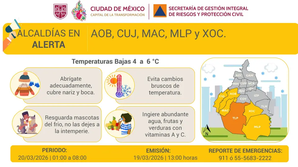 Las zonas altas de la CDMX registrarán temperaturas cercanas a los 1°C durante la madrugada de este viernes./ @SGIRPC_CDMX