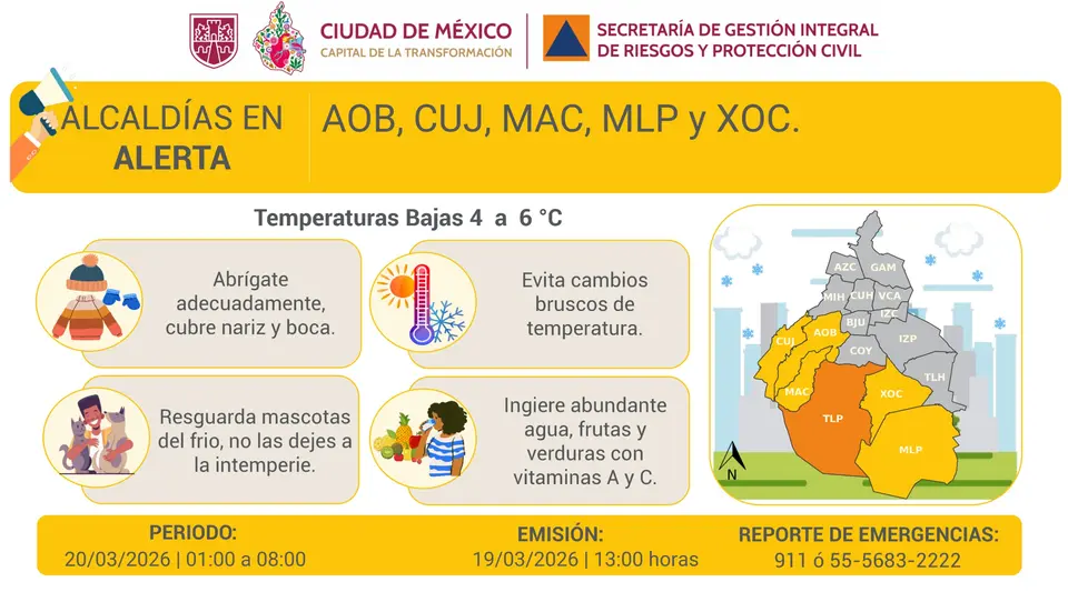 Las zonas altas de la CDMX registrarán temperaturas cercanas a los 1°C durante la madrugada de este viernes./ @SGIRPC_CDMX