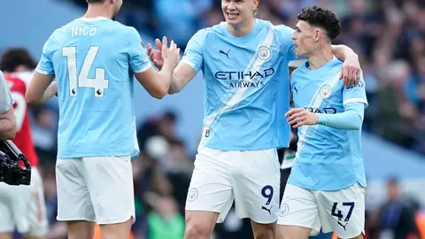 Jugadores de Manchester City en celebración en el partido ante Arsenal | AP