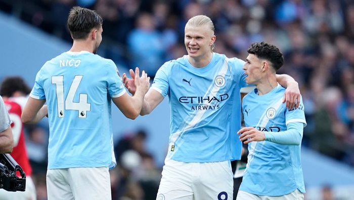 Jugadores de Manchester City en celebración en el partido ante Arsenal | AP