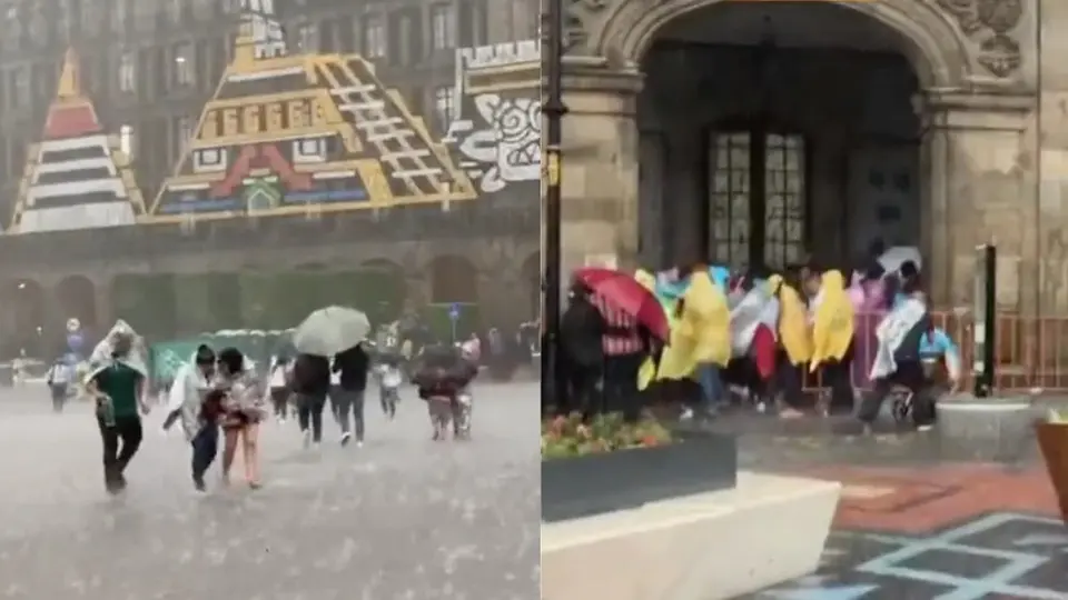 Diluvio en el Zócalo de la CDMX espanta a la gente previo al Grito de la Independencia de México