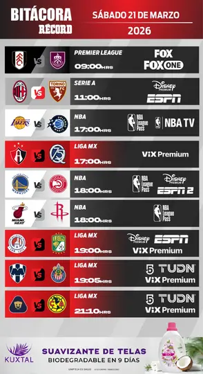 Agenda deportiva del sábado 21 de marzo de 2026 | RÉCORD