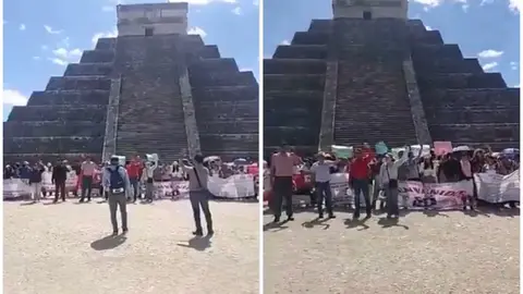 Los manifestantes lanzaron consignas y desplegaron pancartas frente al Templo de Kukulcán. / X