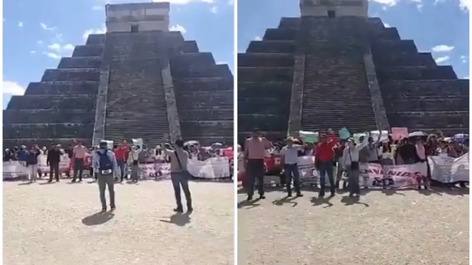 Los manifestantes lanzaron consignas y desplegaron pancartas frente al Templo de Kukulcán. / X