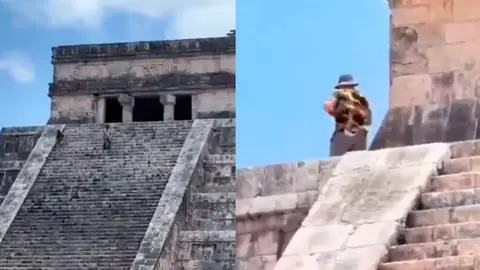 Turistas fueron captados escalando la pirámide de Kukulkán en Chichén Itzá pese a las restricciones impuestas por el INAH. /  RS