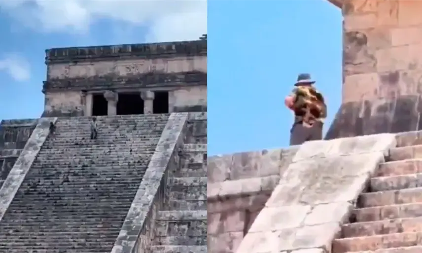 Turistas fueron captados escalando la pirámide de Kukulkán en Chichén Itzá pese a las restricciones impuestas por el INAH. /  RS