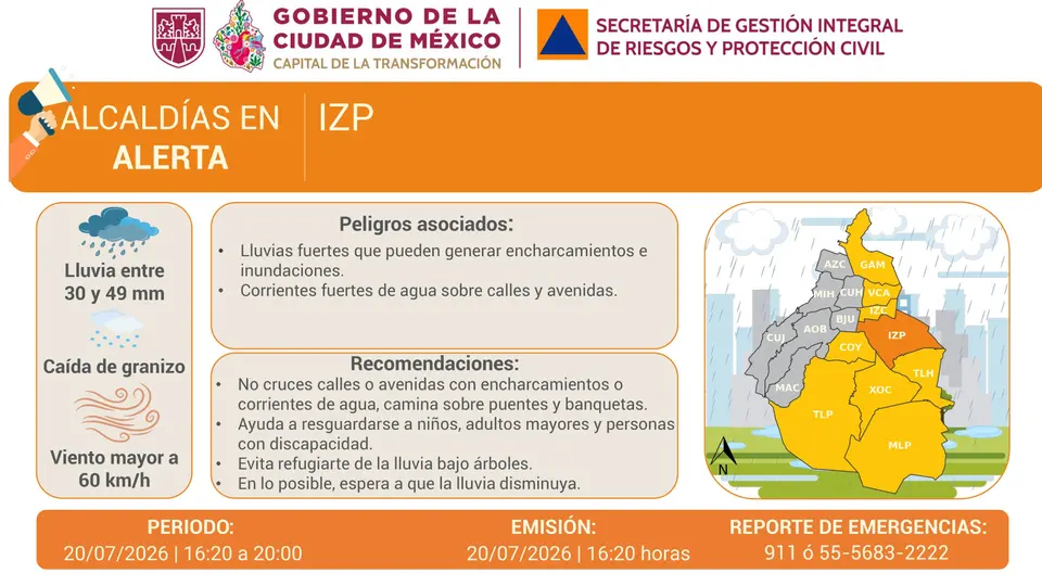 Protección Civil pidió a la población mantenerse atenta a los avisos oficiales ante el pronóstico de fuertes precipitaciones./ X: @SGIRPC_CDMX
