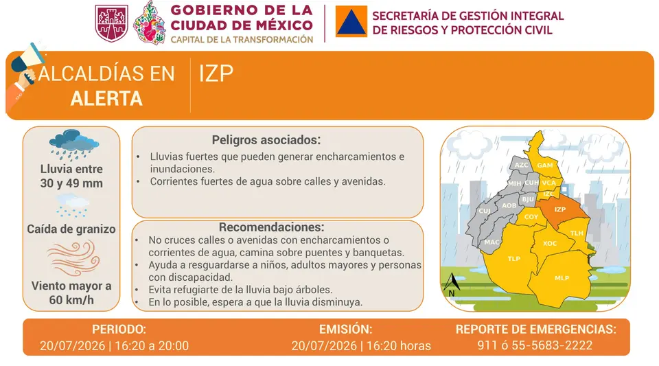 Protección Civil pidió a la población mantenerse atenta a los avisos oficiales ante el pronóstico de fuertes precipitaciones./ X: @SGIRPC_CDMX