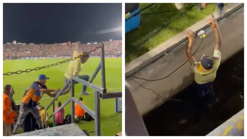 Aficionado del América intenta invadir la cancha, termina mal, se cae en fosa y acaba empapado