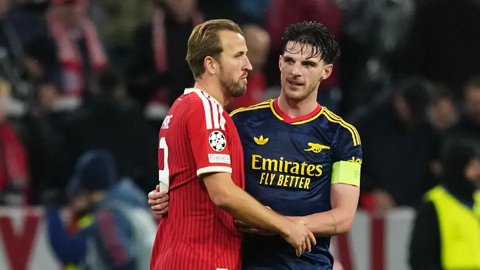 Declan Rice y Harry Kane en el duelo entre Bayern y Arsenal de Champions | AP