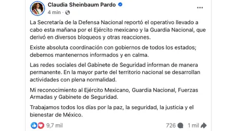 La presidenta destacó la coordinación entre el Ejército, la Guardia Nacional y gobiernos estatales./ FB: Claudia Sheinbaum