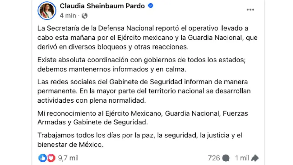 La presidenta destacó la coordinación entre el Ejército, la Guardia Nacional y gobiernos estatales./ FB: Claudia Sheinbaum