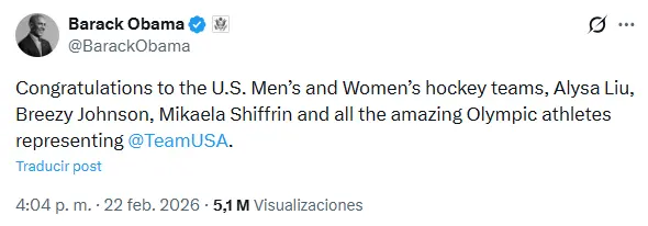 Felicitación de Obama en redes sociales | Captura de X