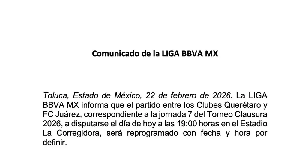 La Liga MX canceló el partido en Querétaro | X @LigaBBVAMX