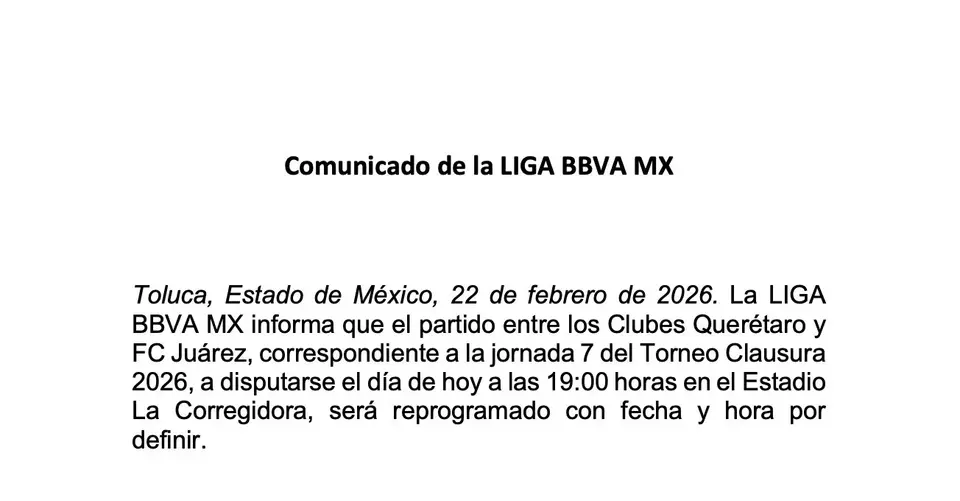 La Liga MX canceló el partido en Querétaro | X @LigaBBVAMX