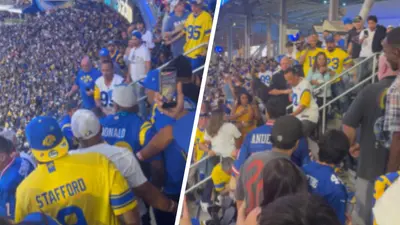 Bronca entre aficionados de Rams y Giants es captada en pleno el partido